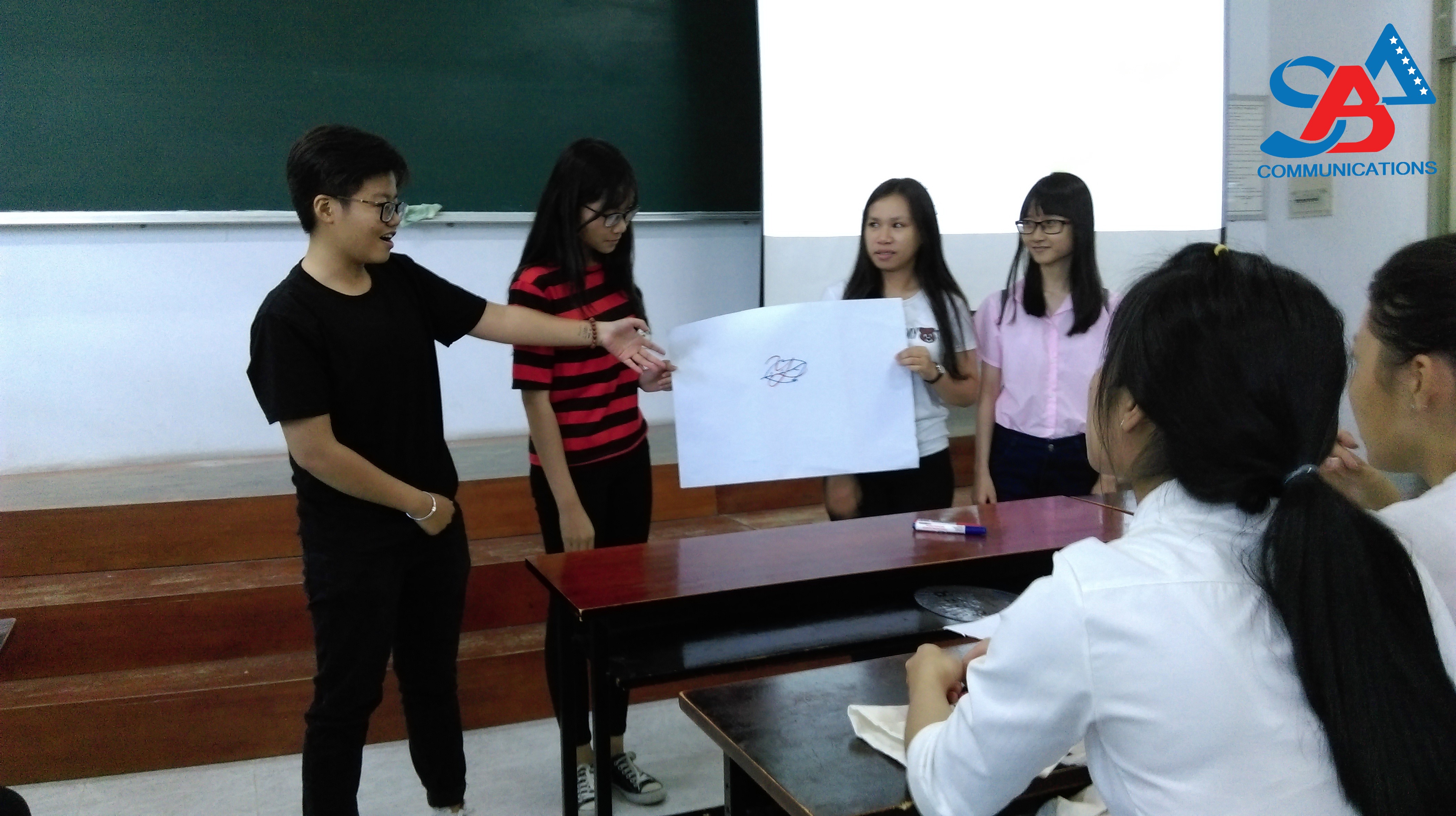 Nhóm học sinh tự tin trình bày về sản phẩm của đội mình qua trò chơi nhận dạng thương hiệu