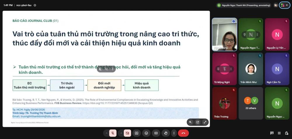 TS. Trương Thị Thanh Bình trình bày nghiên cứu về vai trò của tuân thủ môi trường đối với đổi mới sáng tạo và hiệu quả kinh doanh.